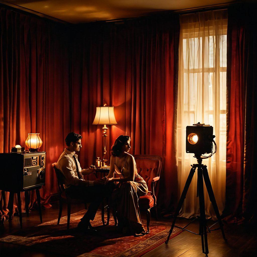 A seductive, dimly-lit film set featuring a vintage projector casting alluring shadows on silk curtains. Include tantalizing images of couples in passionate embrace, with hints of rich reds and golds evoking warmth and intimacy. Add elements of soft candlelight and plush furnishings for a romantic touch. Convey an atmosphere of desire and allure with a sense of mystery. super-realistic. vibrant colors. dramatic lighting.
