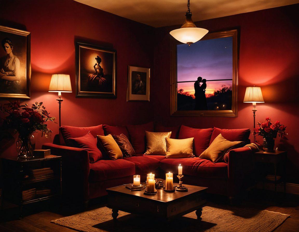 A mesmerizing scene of a cozy dimly-lit room with soft cushions, rich red and gold tones, and romantic decor. Silhouettes of a couple intertwined, expressing passion and intimacy, surrounded by flickering candles. Subtle hints of film reels and a vintage projector in the background, evoking nostalgia for classic adult cinema. The atmosphere is inviting, warm, and sensual, inviting viewers to explore their desires. dramatic lighting. vibrant colors. soft focus.