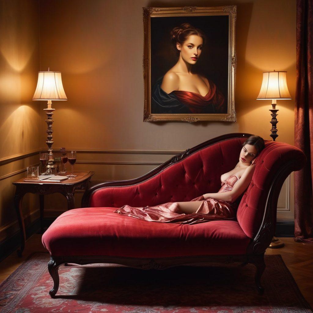 A dimly lit room filled with vintage books on erotic storytelling, adorned with soft candlelight casting playful shadows. An elegantly draped chaise lounge invites the viewer in, while sultry, abstract art hangs on the walls, hinting at various fantasies. A glass of red wine rests on an ornate table, and silk sheets are elegantly arranged, creating an atmosphere of intimacy and curiosity. The scene exudes a sense of mystery and allure, inviting exploration of the human desires. super-realistic. warm tones. atmospheric lighting.